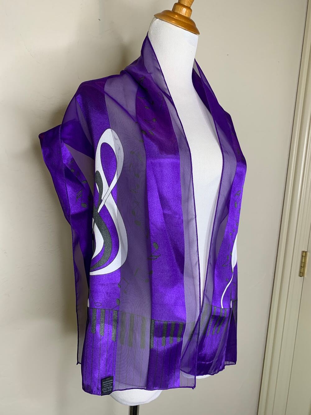 Vintage Purple Sheer Treble Clef Scarf Black White Made Korea 14" x 58"